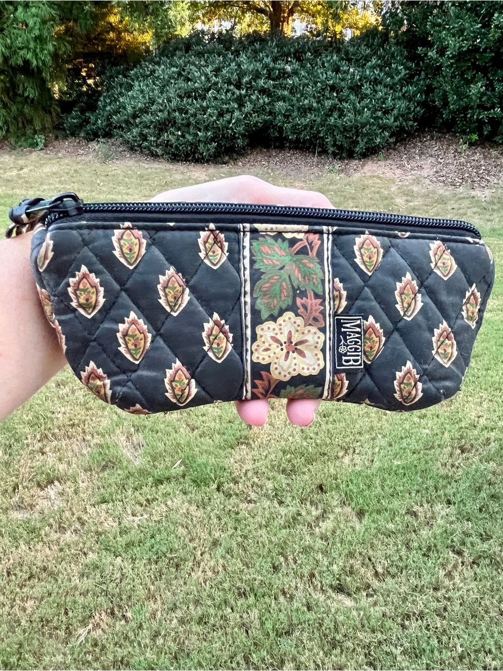 Maggie B 2 sided Black Quilted Floral Patterned Cosmetic or eyeglass Pouch